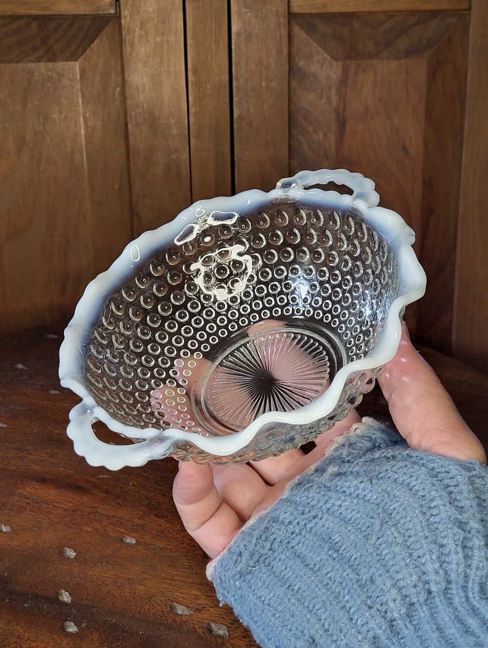 Opalescent Glass Hobnail Serving Bowl with Handles - White